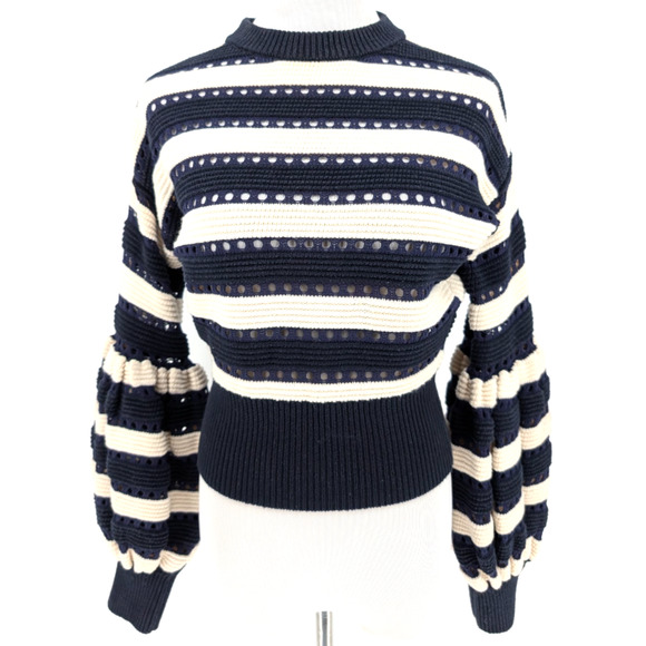 Self-Portrait Striped Balloon Sleeve Cropped Sweater Navy White Small Prep Twee - Picture 10 of 15